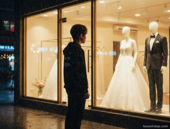 Tạo ảnh AI “Đứng trước tiệm áo cưới”